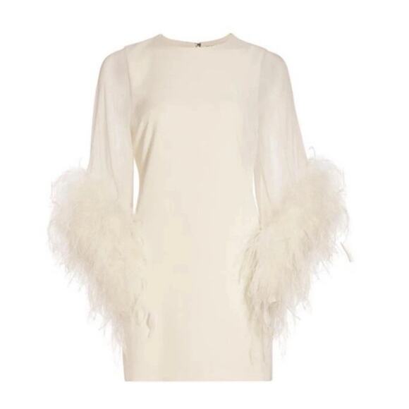 NWT‎ Alice + Olivia Women's White Silk Izola Feather Detail Mini Dress Sz 2 FLAW